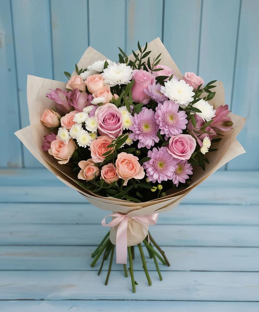 Букет цветов из: Хризантемы, Розы и Альстромерии в Черемушках Курской области