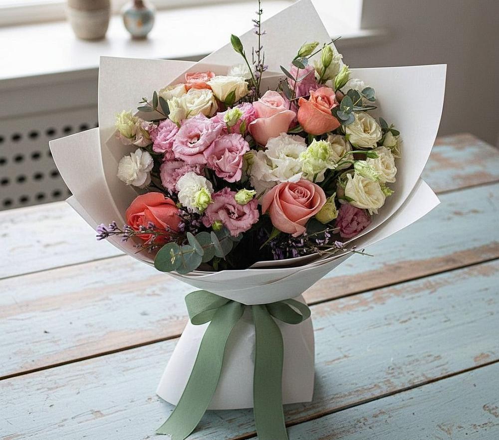 Букет цветов из: Розы, Лизиантусы и Гвоздики в Черемушках Курской области