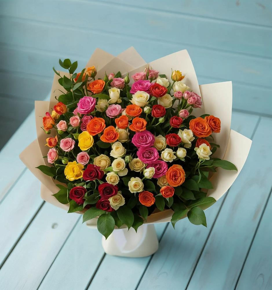 Букет Микс из разноцветных кустовых роз в Черемушках Курской области