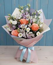 Букет цветов из:  Лизиантусы, Розы, Альстромерии и Гипсофила в Черемушках Курской области