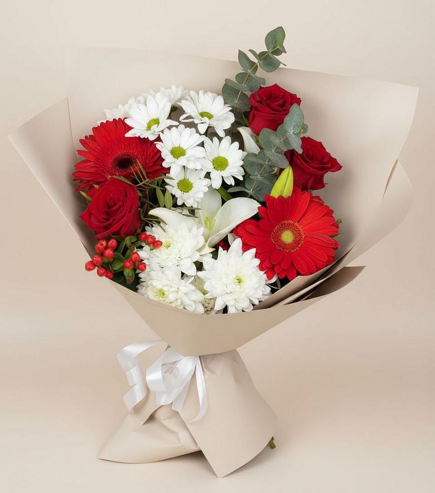 Букет цветов из: Розы, Хризантемы, Герберы и Лилии в Черемушках Курской области